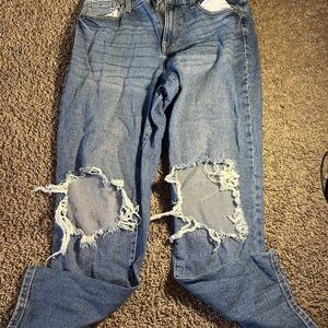 Blue Boyfriend Distressed Jeans with Knee Rips